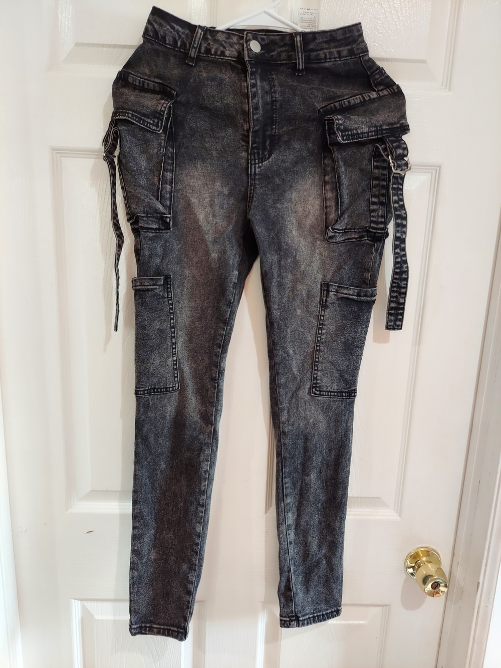 SHEIN Black Washed Skinny Cargo Jeans with Side Straps